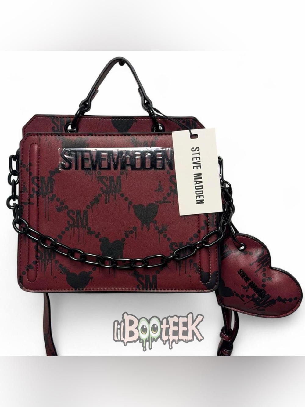 Steve Madden Halloween Wine Red Dripping Heart Logo Crossbody Tote w Chain VIRAL